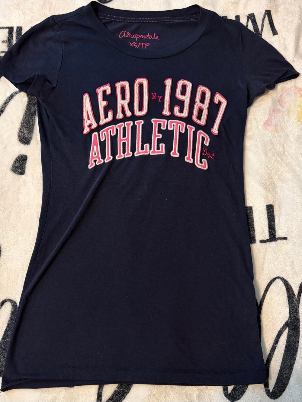 Aeropostale Navy Short Sleeve Tee with Pink 'Aero 1987 Athletic' Logo